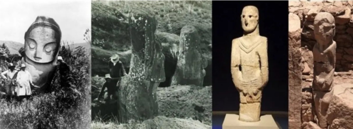 Comparación entre Chemamüll, Moai de Isla de Pascua, Hombre de Urfa y Hombre de Karahan Tepe